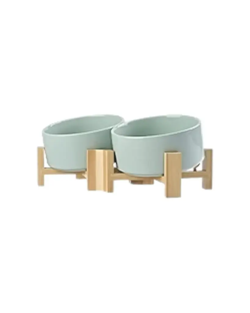 Double Ceramic Bowl with Wooden Stand