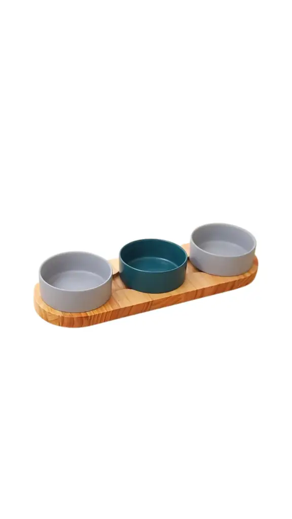 Tripple Ceramic Bowl with Wooden Stand